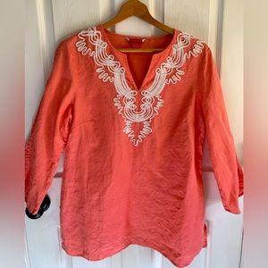 Sunny Leigh linen tunic top 3/4 sleeve coral color Sz large